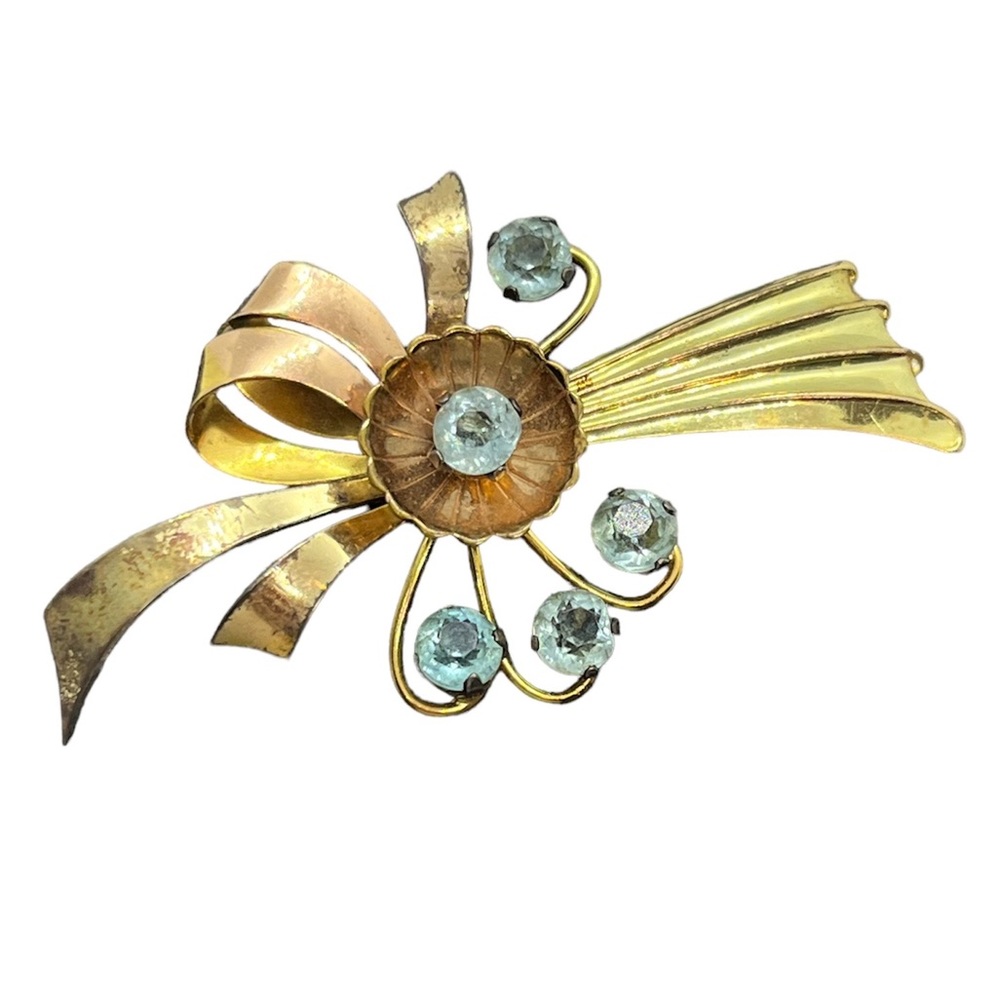 Harry Iskin HI 1930’s vintage gold tone pale blue glass stone brooch pin flower